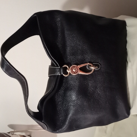 Dooney & Bourke Handbags - Dooney & Bourke Black Pebble Leather Logo Lock Handbag.